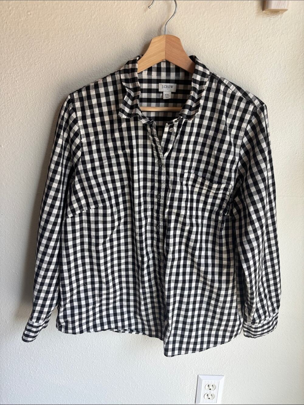 J. CREW Women’s Shirt Black and White Gingham Button-Up Feminine Cotton XXL